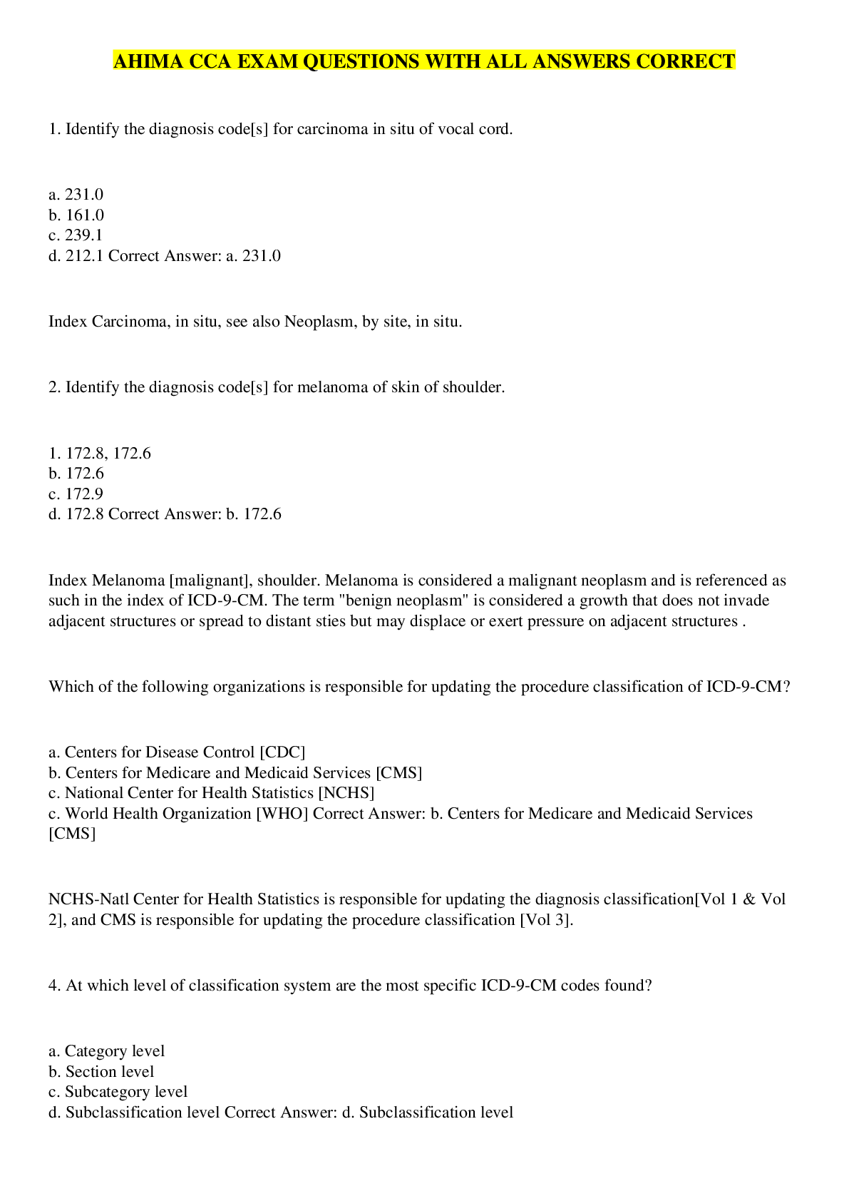 Preview image for AHIMA CCA EXAM QUESTIONS WITH ALL ANSWERS CORRECT